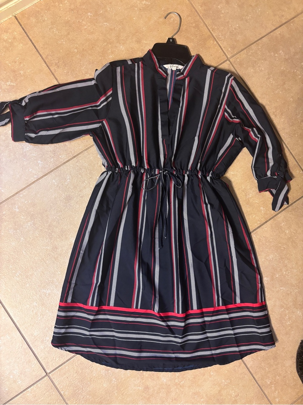 Blush Navy Striped Midi Dress with Red & White Trim